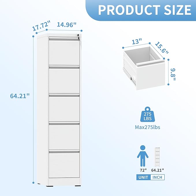 AQY 5 Drawer File Cabinet with Lock, Metal Filing Cabinets for Home Office, 18" Deep Heavy Duty Vertical Storage File Cabinets for Hanging A4/Letter/Legal Size Files, Assembly Require