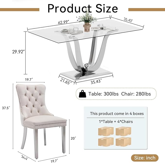 70" Modern Silver Glass Dining Table Set for 4, 5-Piece Rectangle Kitchen Dining Room Table Set with Steel Base & 4 Beige Velvet Upholstered Chairs, Modern Glass Kitchen Table and Chairs Set of 4