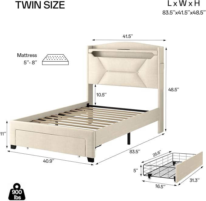 Twin Bed Frame, Twin Bed Frames with Storage Headboard, Upholstered Twin Size Bed Frame with Drawers, Charging Station and LED Lights, Easy Assembly, Beige