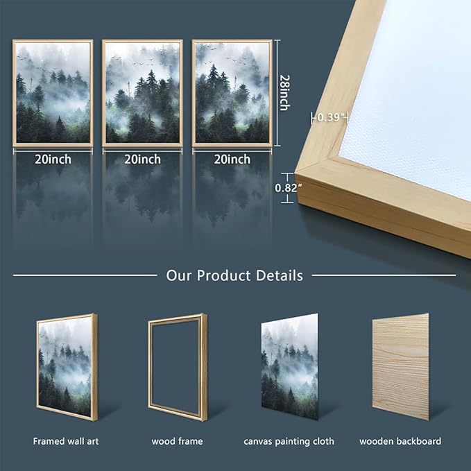 Natural Wood Framed Wall Art For Living Room Wall Decorations For Bedroom Office Wall Decor Foggy Forest Paintings Trees Landscape Wall Pictures Prints Artwork Large Size Home Decor of 3 Piece Art