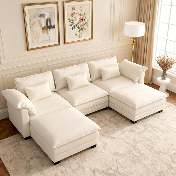 COMHOMA 120" U Shaped Sectional Sofa with Movable 2 Ottomans,Comfy Cloud Modular Couch with Throw Pillows,Modern Chenille Deep Seat Sofa Couches for Living Room,Beige