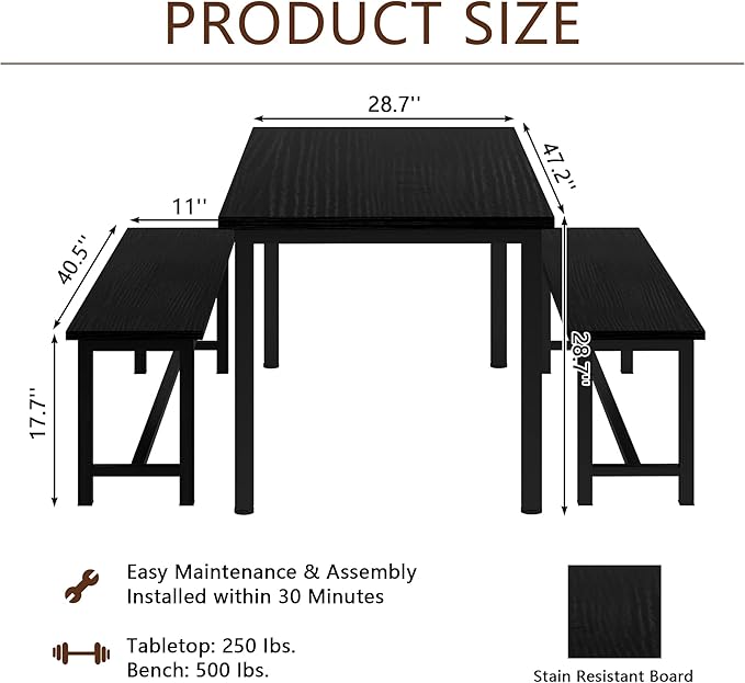 AWQM Dining Table Set with Two Benches, Kitchen Table Set for 4-6 Persons, Kitchen Table of 47.2 x 28.7 x 28.7 Inches, Bench of 41.3 x 11.8 x 17.7 Inches Each, Black
