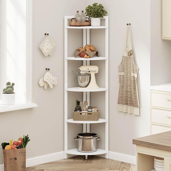 FATORRI Tall Corner Shelf, 5 Tier Modern Corner Bookshelf Stand, Wood and Metal Corner Plant Bookcase for Living Room, Home Office (White Oak)