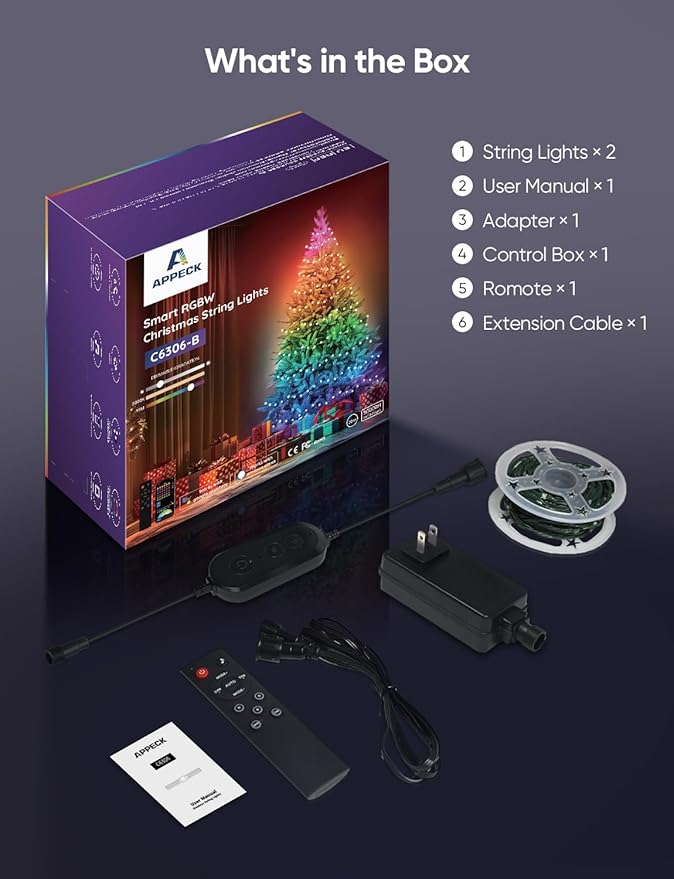 APPECK Christmas String Lights,66 FT 200 LED Outdoor String Lights, 111 Scene Modes Smart RGBW Color Changing Fairy Lights with App Controlled, Decoration String Light for Indoor, Outdoor Tree Decor