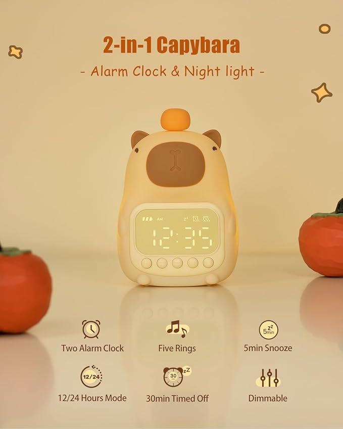 Capybara Alarm Clock with Night Light for Kids, Cute Toddler Alarm Clocks for Bedrooms Ok to Wake Clocks for Girls and Boys, Rechargeable Silicone Animal Tabletop Lamp for Kid