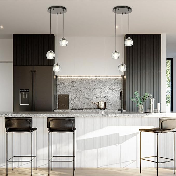 3 Lights Pendant Lighting, Brushed Black Cluster Pendant Light Kitchen Island, Cut Crystal Pendant Light Fixture Hanging Lights for Dining Room Foyer Bathroom
