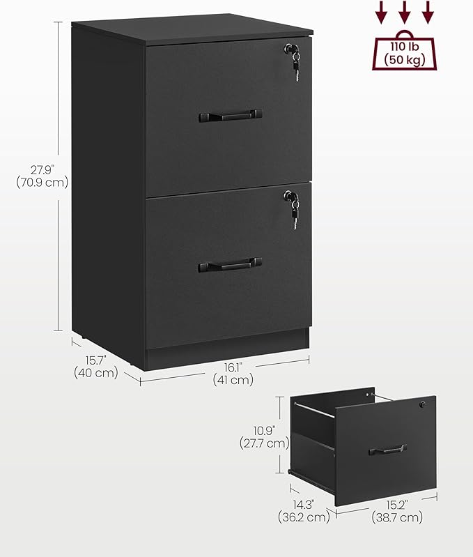 VASAGLE 2 Drawers File Cabinet with Lock, Printer Stand, Office Filing Cabinet Organizer, for A4 and Letter Size Documents, Ink Black UOFC061B16