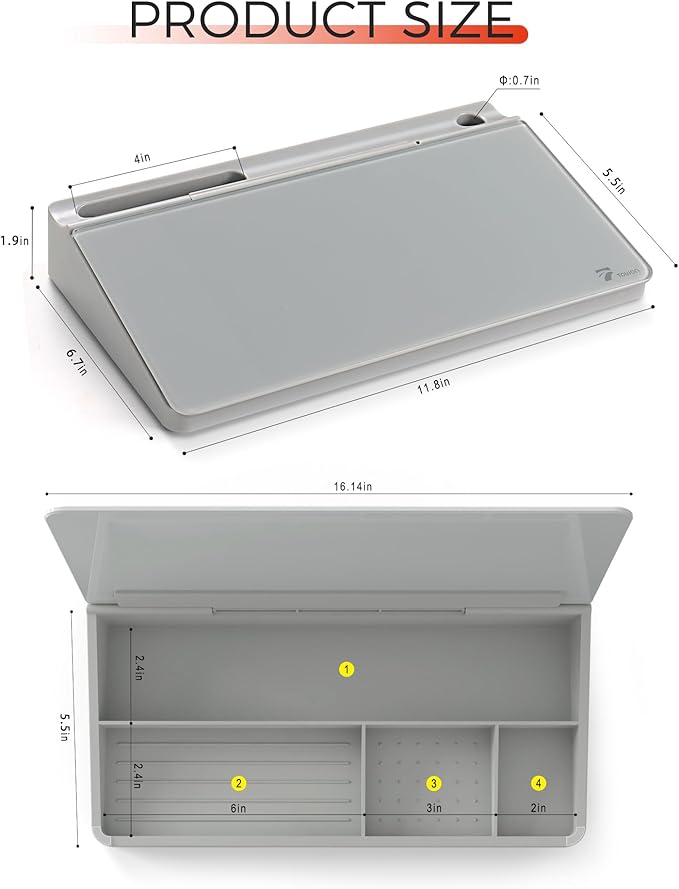 TOWON Small Compact Glass Desktop Whiteboard with Storage – 12 x 7 in Dry Erase Board for Desk, Home Office, School | Includes 5 Markers, Eraser & Holder | Space-Saving Organizer, Aesthetic Gray
