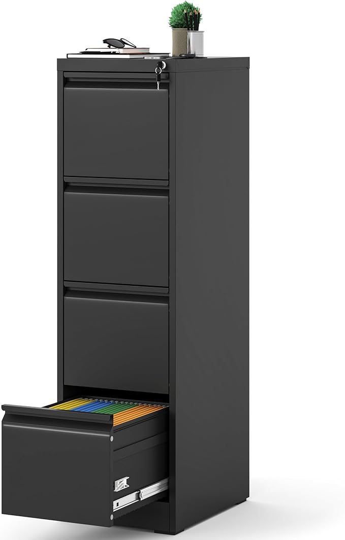 AQY 4 Drawer File Cabinet with Lock, Metal Filing Cabinets for Home Office, 18" Deep Vertical Storage Drawer for Hanging A4/Letter/Legal Size Files, Assembly Require