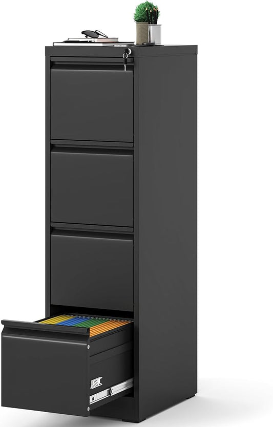 AQY 4 Drawer File Cabinet with Lock, Metal Filing Cabinets for Home Office, 18" Deep Vertical Storage Drawer for Hanging A4/Letter/Legal Size Files, Assembly Require