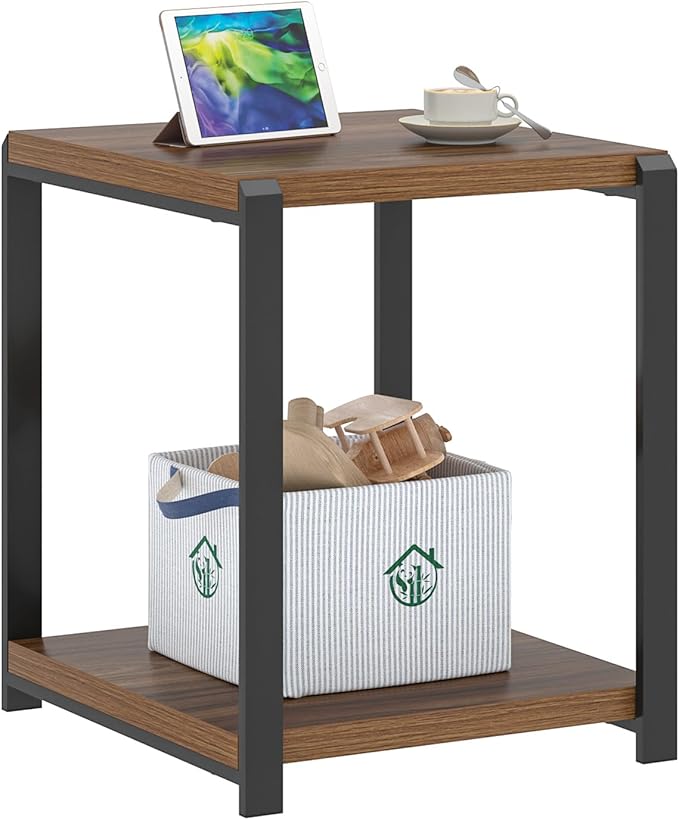 FOLUBAN Modern End Table, Square Side Table with Storage Shelf for Living Room, Rustic Wood Night Stand for Bedroom, Walnut