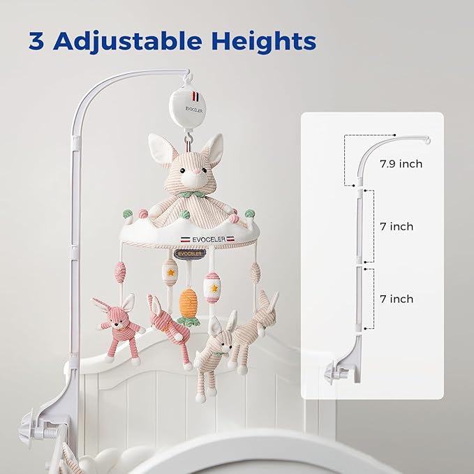 Evoceler Crib Mobile, Baby Mobile with 3 Modes Rotating Music Box, 35 Lullabies, Bluetooth, 128MB TF Card & Detachable Teether Bunnies, Quiet Rotating Motor, Sturdy 3-Point Installation, Nursery Decor