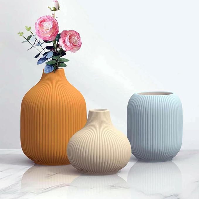 Colorful Ceramic Vases Set of 3, Modern Minimalist Ribbed Vases for Centerpiece, Home Office Shelf Decor, Farmhouse Kitchen Bathroom Bedroom Living Room Decor