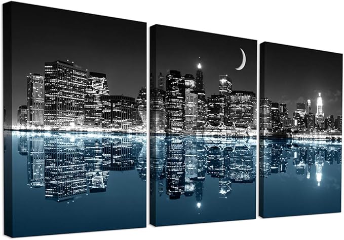 Wall Decor For Living Room Canvas Wall Art For Bedroom Black And White City Luminous Paintings Modern 3 Piece Framed Room Canvas Art Prints Ready To Hang Office Pictures For Home Decoration Artwork