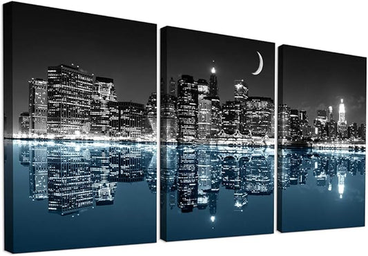 Wall Decor For Living Room Canvas Wall Art For Bedroom Black And White City Luminous Paintings Modern 3 Piece Framed Room Canvas Art Prints Ready To Hang Office Pictures For Home Decoration Artwork
