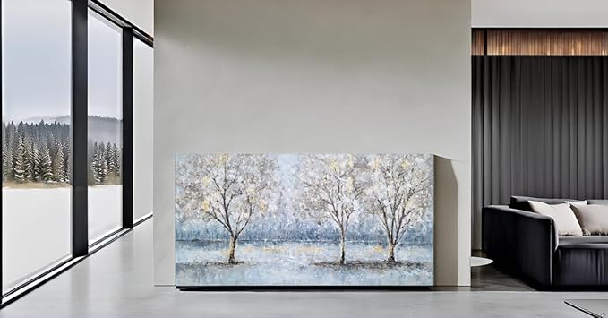 NdcSkyArt Blue Grey Tree Paintings Hand Painted Canvas Wall Art with Gold Foil Modern Abstract Grey Contemporary Rustic Farmhouse Family Tree Landscape Pictures Scenery Artwork