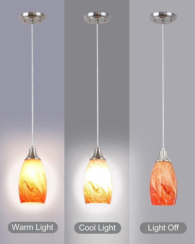 Art Glass Mini Pendant Lights Kitchen Island Marble Glass Pendant Light Shade with Brushed Nickel Finish Ceiling Hanging Lights for Kitchen Over Sink,Dining/Living Room Red Marble-1Pack