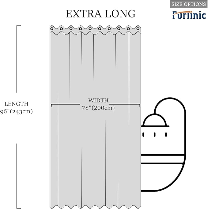 Furlinic Teal Extra Long Shower Curtain No Hooks Needed 96 Length,Waterproof Fabric Shower Curtain Liner,Bathroom Curtains for Hotel with 10 Plastic Split Grommets, Machine Washable,78x96 Inch.