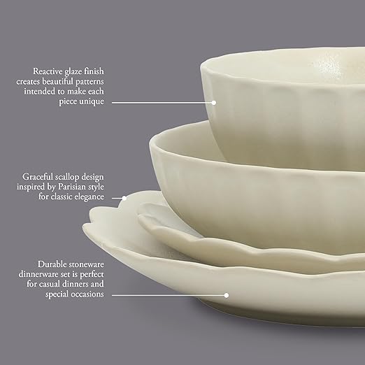 Gibson Elite Malibu Shore 16 Piece Scallop Stoneware Reactive Glaze (Service for 4) Ceramic Plates and Bowls Dinnerware Set - Cream White