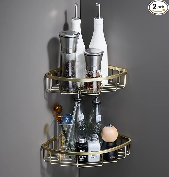 Corner Shower Caddy Organizer, SUS304 Stainless Steel Heavy Duty Rust-Proof Shelf Shampoo Holder, Wall Mounted Storage Rack for Bathroom Kitchen, 2 Packs Brushed Gold