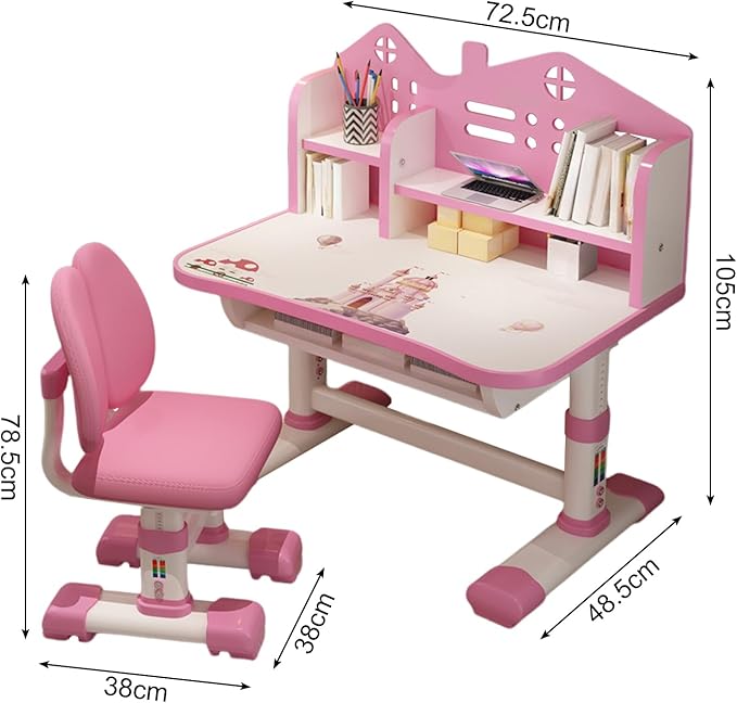 Small Standing Desk and Chair Set - Widened Desktop With Multi Separation Cartoon Pattern, Kids Adjustable Height Study Table With Drawer (Pink)