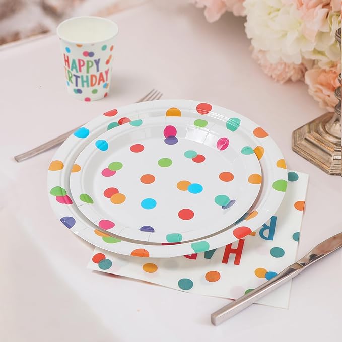 100pcs Birthday Party Plates Disposable Tableware Set Colorful Polka Dots Paper Plates for 25 Guests Party Supplies Baby Shower(Include 7" & 9" Plates, Cups and Napkins)