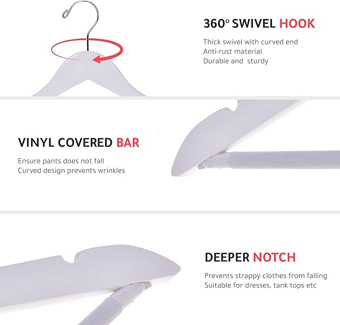 Quality Hangers Wooden - Slightly Curved Hanger 90 Pack Sets - Solid Wood Coat with Stylish Chrome Hooks - Heavy-Duty Clothes, Jacket, Shirt, Pants, Suit Hangers(White, 90), 17.5 inch, W040-30/ctn