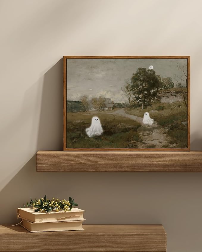 InSimSea Framed Canvas Wall Art, Vintage Halloween Decor, Cute Ghosts Decor Indoor, Bedroom Bathroom Living Room Halloween Pictures Decorations, Landscape Wall Art Prints, 12"x16"