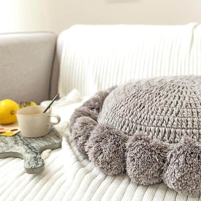 Knitted Throw Pillow Round Couch Pillow Sofa Cute Cushion Handmade Pompoms Decorative Plush Pillow (Grey, Diameter 18inches)
