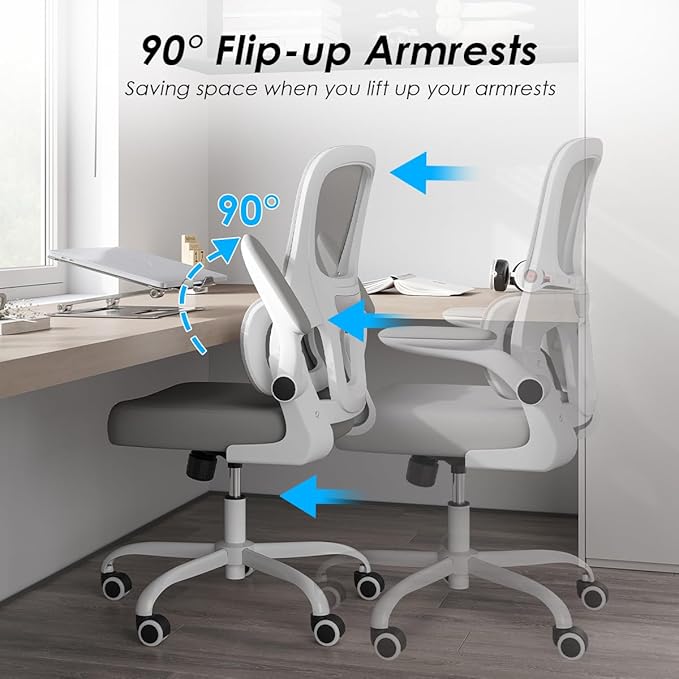 Soohow Office Chair, Mesh Ergonomic Office Chair with Lumbar Support, Comfy Computer Desk Chair with Flip Armrest Rolling Wheels for Home Study Room Office, White & Gray