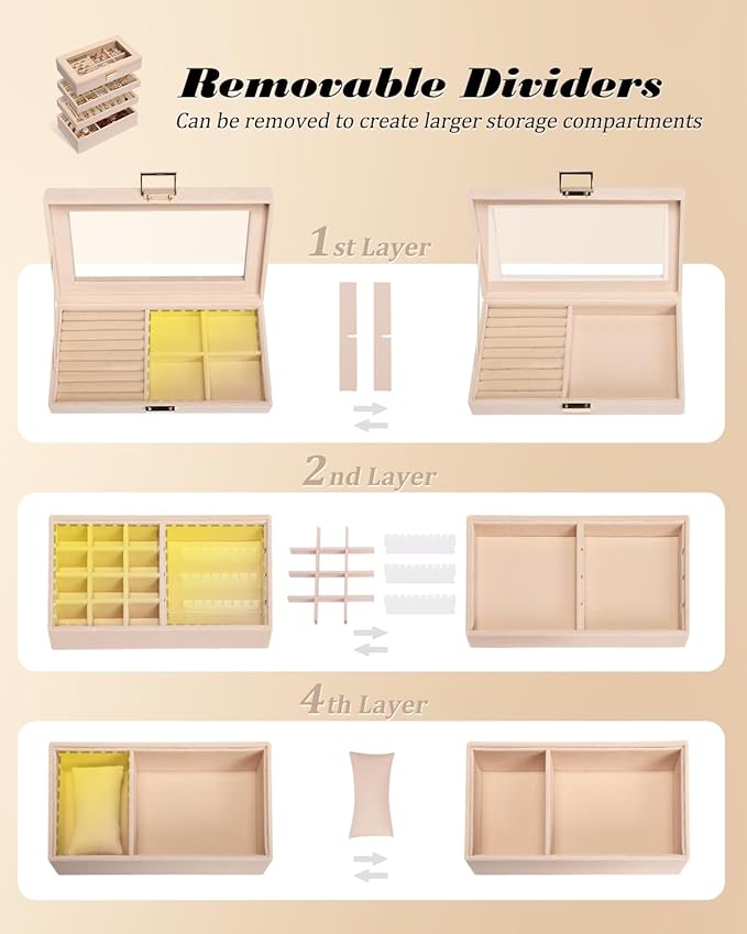 Homde Jewelry Tray Stackable Jewelry Box Drawer Organizer with Glass Lid, Removable Dividers for Vanity Table Gift Idea for Girls and Women(Apricot)