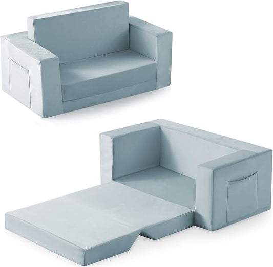 Kids Couch, 2-in-1 Toddler Chair Comfy 1-3 Years, Convertible Kids Chair, Toddler Couch That Fold Out, Kid Lounge Chairs for Boys and Girls, Soft Coral Fleece, Double, Blue