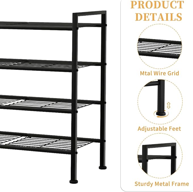 Simple 4 Tier Shoe Rack,Metal Stackable Shoe Storage Organizer for Closet,Entryway, Bedroom, Black (Black, 4-Tier)