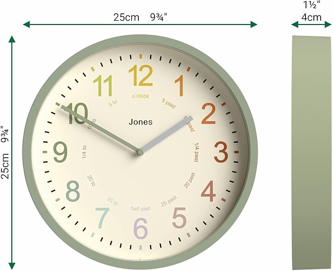 JONES CLOCKS® Kids Wall Clock | Small Modern Children’s Clock | 10 inch | Sage Green | Colourful Numbers | Learn to Tell The time