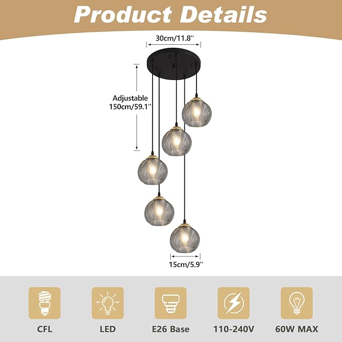 KCO Lighting Round Glass Pendant Lighting 5 Light Farmhouse Cluster Chandelier Black Kitchen Pendant Lighting Smoke Glass Cluster Pendant Light Mid Century Modern Globe Chandelier