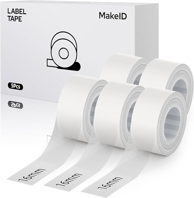 MakeID E1 Q1 Label Maker Tape Refills, 5-Roll 16mm x 4m (0.63" x 13') Continuous Consumables Thermal Laminated Office Labeling Tape Replacement