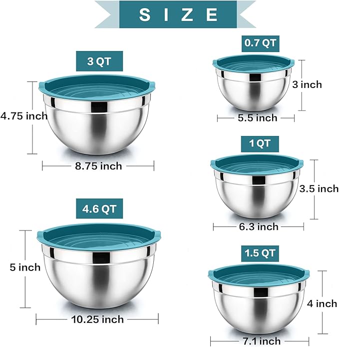 P&P CHEF Mixing Bowl with Airtight Lid Set of 5, 10-Piece Stainless Steel Nesting Salad Bowl Set for Prepping, Mixing and Serving, Size 4.6, 3, 1.5, 1, 0.7 QT, Rimmed Edges & Flat Base, Blue