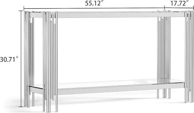 Goujxcy Modern Glass Console Table 55" Silver Entryway Table with Tempered Glass Top and Mirror Stainless Steel Legs,Luxury Rectangular Sofa Table for Living Room Hallway Corridor Table (Silver)