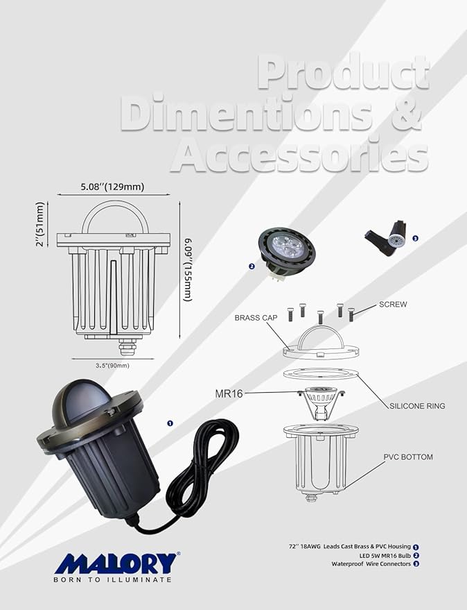 MALORY Brass Top Cover Landscape Well Lights,（6‘’H 12V Low Voltage Outdoor In Ground Lights,Landscape Lighting for Pathway, Driveway and Garden (Beacon Top, 4-Pack with Bulb)