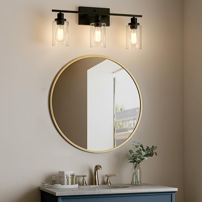 MELUCEE Bathroom Vanity Light Fixtures 24 Inches Length 3 Lights Wall Sconce Black with Clear Glass Shade for Bedroom Living Room Hallway Kitchen (Patent No.: US D963914 S)