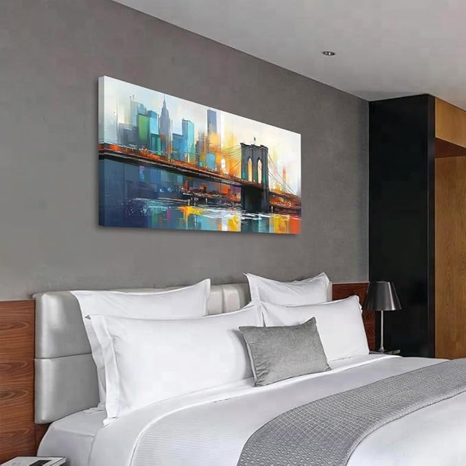 Arjun Cityscape Wall Art New York City Canvas Painting Brooklyn Bridge Manhattan Modern Blue Picture Grey Artwork Framed for Living Room Bedroom Dinning Room Bathroom Home Office Wall Decor 40"x20"
