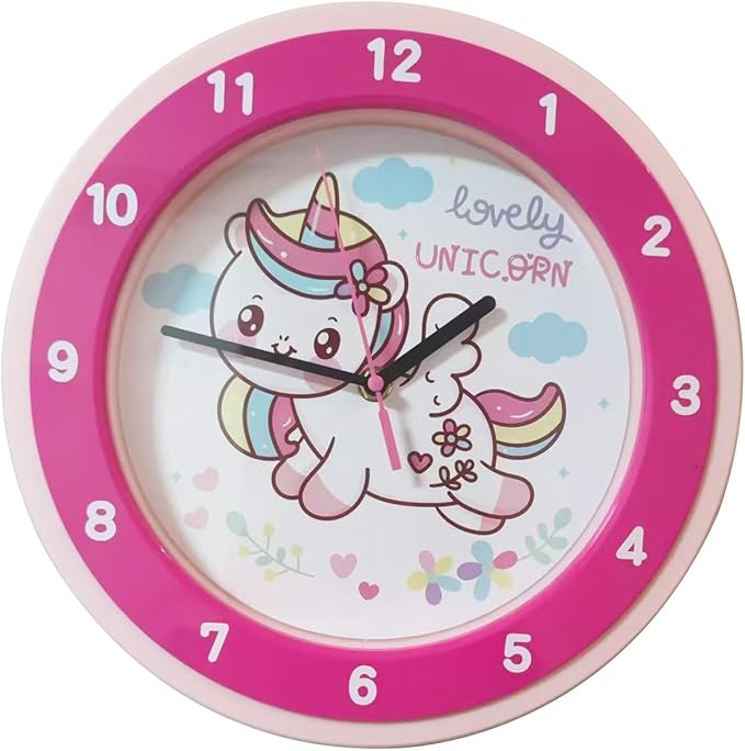 Learning Time Clock for Kids ，Colorful Clock Face Silent Clocks，Décor at School,Bedroom,Kitchen,Classroom,Clear Digital Wall Clock for Kids Room (Rainbow Cute Unicorn)