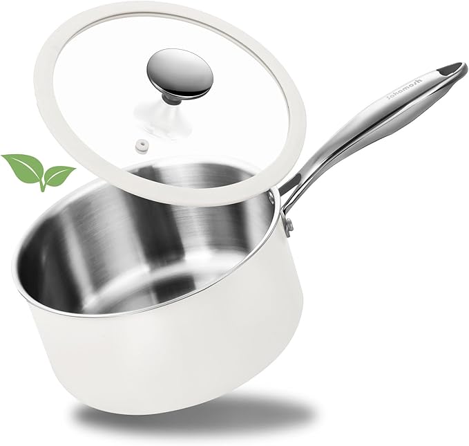 2.5 Quart Tri-ply Stainless Steel Saucepan with Glass Lid, Induction Sauce Pan Compatible with All Cooktops, Non-Toxic Sauce Pot with Stay Cool Handle, Oven & Dishwasher Safe