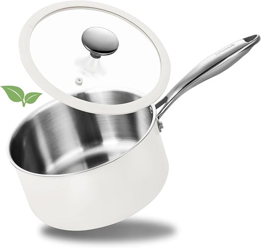 2.5 Quart Tri-ply Stainless Steel Saucepan with Glass Lid, Induction Sauce Pan Compatible with All Cooktops, Non-Toxic Sauce Pot with Stay Cool Handle, Oven & Dishwasher Safe