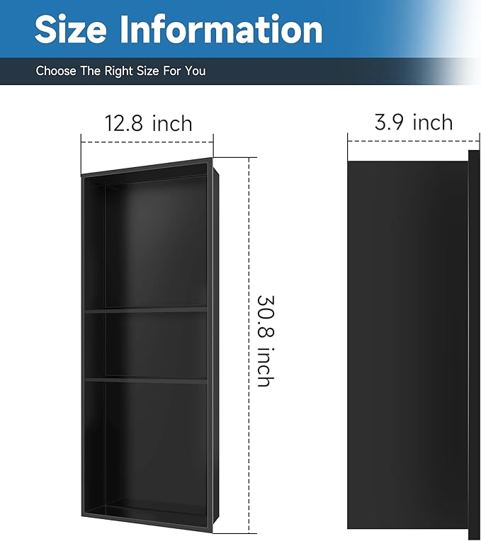 12" X 30" Stainless Steel Shower Niche Insert Tile Ready, Niche for Shower Wall, 3-Tier Recessed Shelves No Tile Needed for Bathroom Storage, Matte Black