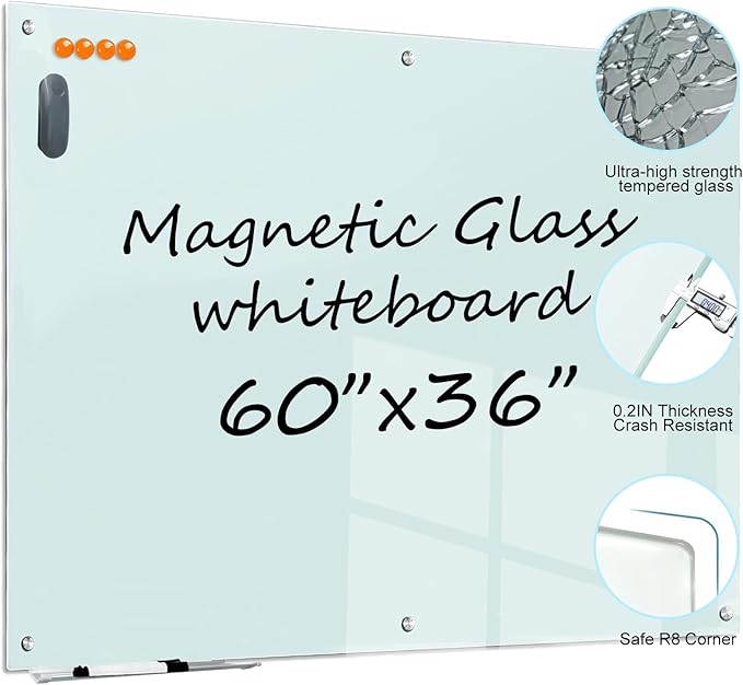 Magnetic Glass Whiteboard - 60"x36" Dry Erase White Board Frameless Glass Boards with Super Strong Magnets, Wall Mounted for Office, School and Home