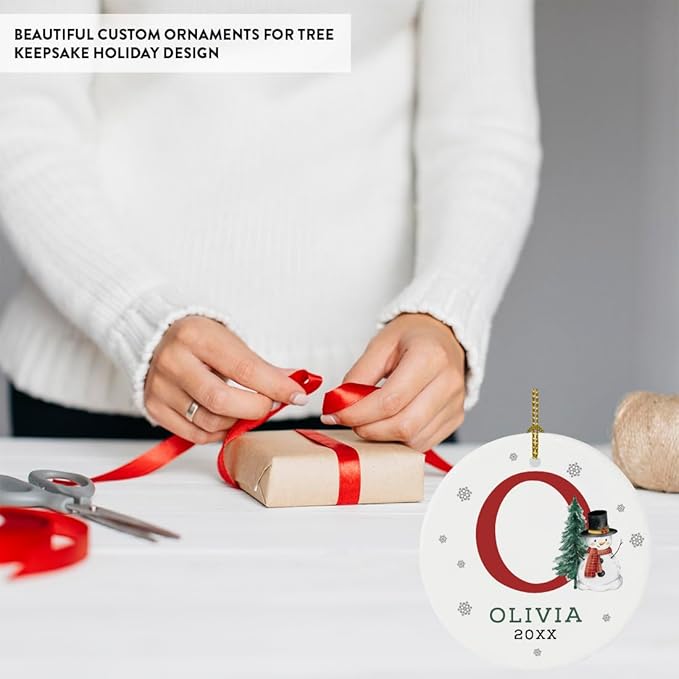 Andaz Press Personalized Christmas Ornaments, Custom Name, Initial O Monogram Snowman 2.8" Ceramic Porcelain 2025 Christmas Ornament Keepsake for Kids, Boys, Girls, 1-Pack Initial Ornaments