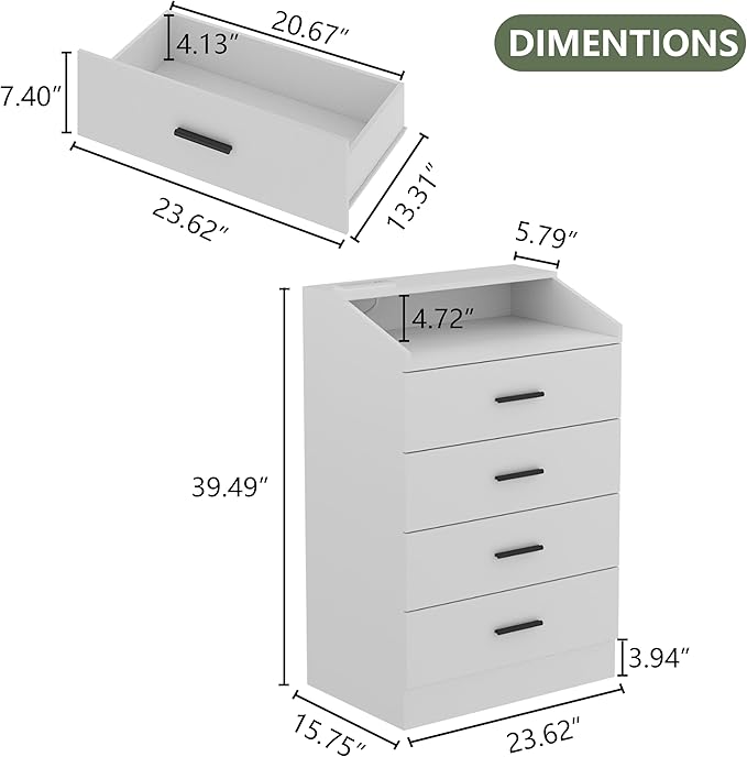 4 Drawers Dresser with Power Outlet, Chest of Drawers with LED Light, White Dresser Organizer with Open Storage Cubby, Modern Nightshatnd for Bedroom, Living Room, Entryway, Hallway