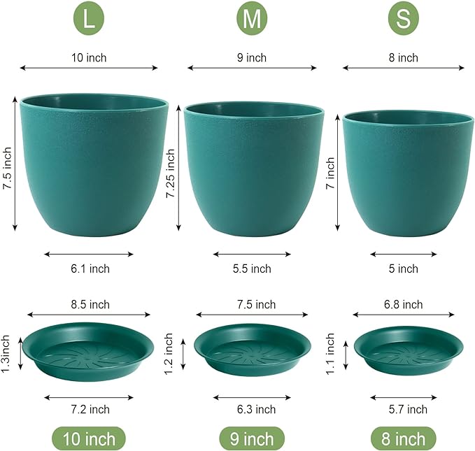 Flower Pots 10/9/8 inch, Set of 3 Modern Decorative Plastic Planters with Drainage Holes and Tray for House Plants Indoor Flowers Plants, Plant Pots for Indoor Outdoor Plants, Blue Green