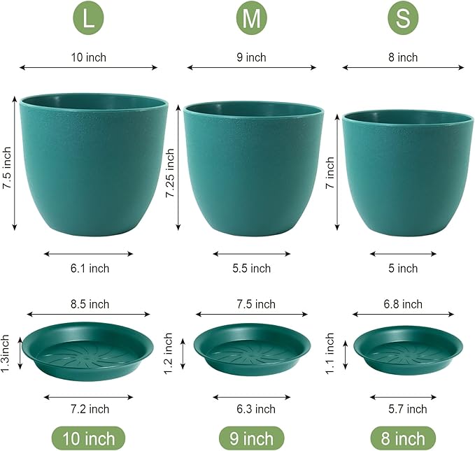 WOUSIWER Plant Pots 10/9/8 inch, Set of 3 Modern Decorative Plastic Planters with Drainage Holes and Saucers for House Plants Indoor Flowers Plants, Blue